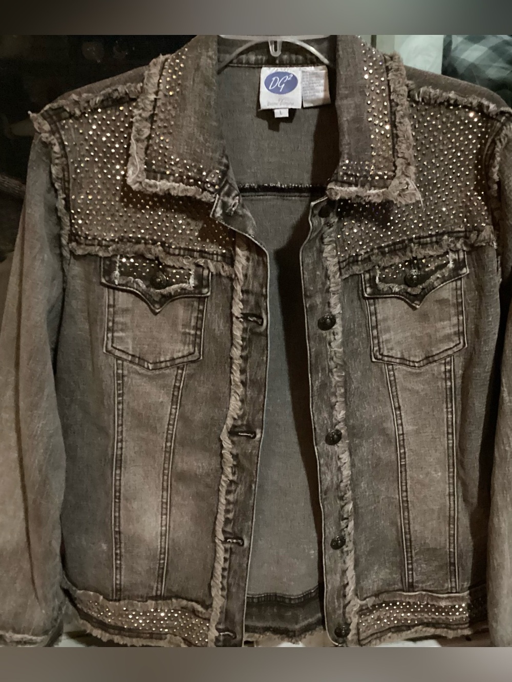 DG2 by Diane Gilman Brown Denim Jacket Studded Frayed Embellished Size L